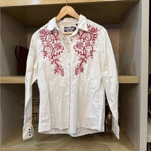Elegant White Button Down Shirt with Red Embroidery